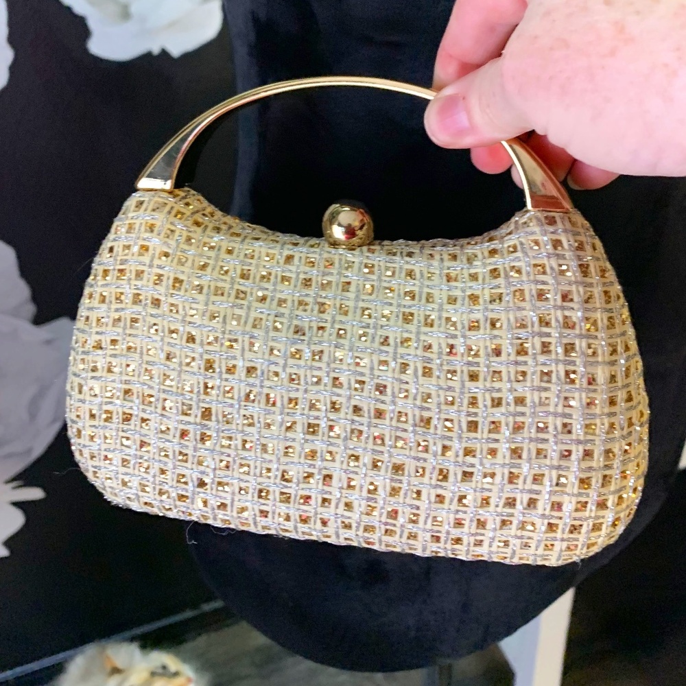 Tan & Gold mini handbag with strap NWOT